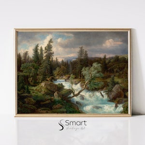 Forest Landscape Painting,Vintage Forest Print,River Landscape Oil Painting,Tree Wall Art Printable,Moody Forest Art,Riverside Art Print,39