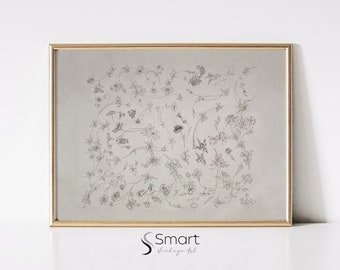 Vintage Botanical Line Art Print, Flower Sketch, Floral Drawing