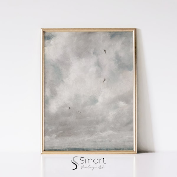 Cloudy Vintage Art,Printable Cloud Study,Sky Wall Art,Vintage Cloud Print,Muted Sky Painting,Neutral Cloud Art Print,Cloudy Sky Painting,93