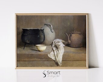 Rustic Kitchen Still Life Painting: Farmhouse Pottery Art (Digital Download)