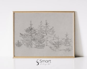 Impresión de boceto de paisaje vintage, dibujo de pino, impresión de arte de boceto de bosque, pintura de árbol de Navidad vintage, arte de pared de Navidad imprimible, 86