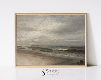 Coastal Seaside Painting,Moody Seascape Print,Coastal Wall Art Printable,Vintage Beach Painting,Antique Seascape Painting,Ocean Landscape,82