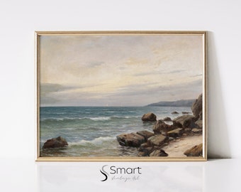 Pintura de paisaje marino vintage: Arte mural de playa costera (Descarga digital)