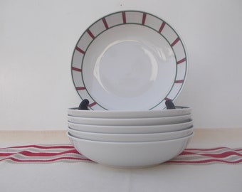 6 Assiettes creuses basque porcelaine vert et rouge