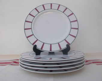 6 Assiettes plates  basque porcelaine vert et rouge