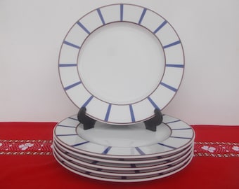 6 Assiettes plates porcelaine basque bleu et rouge