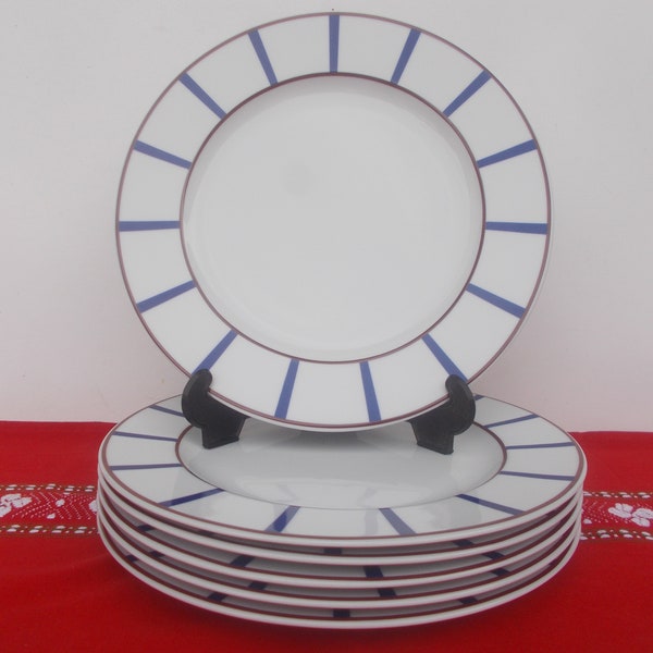 6 Assiettes plates porcelaine basque bleu et rouge