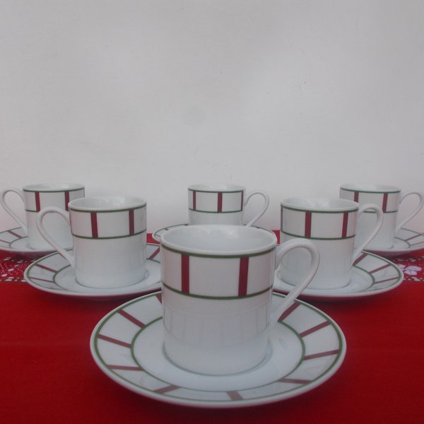 6 Tasses café basque porcelaine vert et rouge