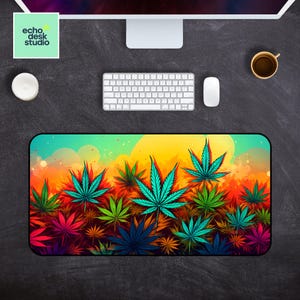 Colorful Marijuana Leaf Desk Mat: Vibrant Sunset Workspace Decor | Large Cannabis Mousepad Gaming Accessories