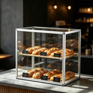 Könnte beinhalten: Eine silberne Vitrine mit zwei Regalen, die mehrere goldbraune Brote zeigt. Jedes Brot hat eine dunkle Kruste und ein kleines schwarzes Etikett. Die Vitrine steht auf einer grauen Theke, mit einem verschwommenen Café-Hintergrund.
