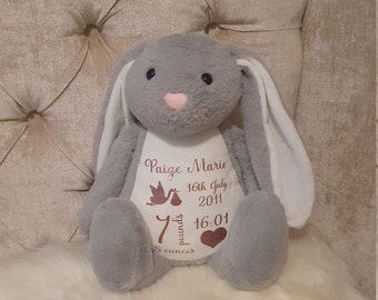 Personalised birth stat bunny, Personalised bunny teddy, Birth announcement, New baby gift, Keepsake
