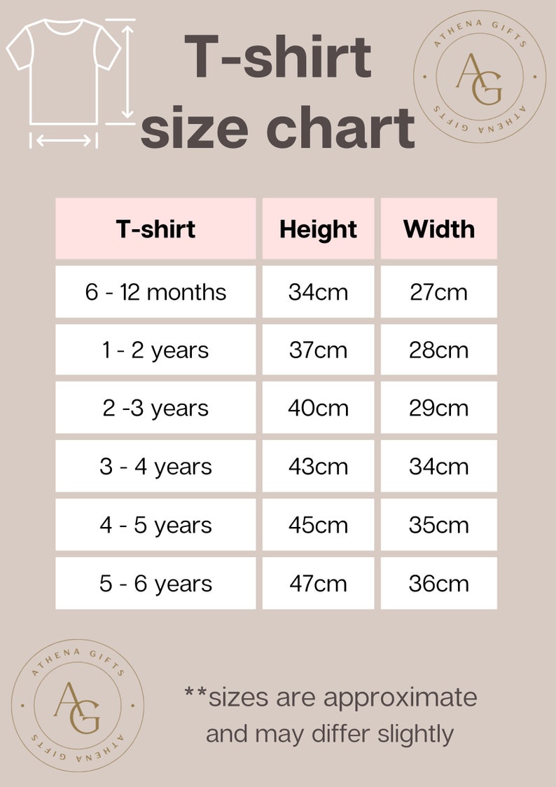 Puede incluir: Un gr&aacute;fico que muestra las tallas de camisetas para ni&ntilde;os, con medidas en cent&iacute;metros. El gr&aacute;fico incluye tallas para 6-12 meses, 1-2 a&ntilde;os, 2-3 a&ntilde;os, 3-4 a&ntilde;os, 4-5 a&ntilde;os y 5-6 a&ntilde;os. El gr&aacute;fico tambi&eacute;n incluye la altura y el ancho de cada talla. El texto en la parte inferior del gr&aacute;fico dice "**las tallas son aproximadas y pueden variar ligeramente**".