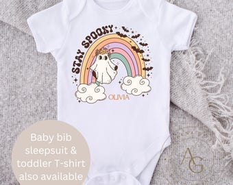 Personalised Halloween baby bodysuit, cute Halloween bib, baby gift, baby vest, personalised 1st Halloween bib set, stay spooky, retro