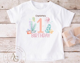 Personalisierte Meer Leben Geburtstag T-Shirt, unter dem Meer Thema, Kinder Geschenk, Kleinkind Mädchen Geburtstag T-Shirt, kundenspezifisches Geburtstags-Andenken T-Shirt