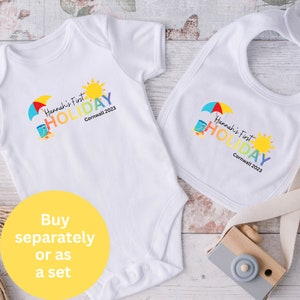 Personalised first holiday baby bodysuit, My 1st holiday bib, baby gift, unisex, baby vest, personalised 1st holiday bib