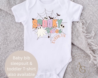 Personalised Halloween baby bodysuit, cute Halloween bib, baby gift, baby vest, personalised 1st Halloween bib set, spooky vibes, retro