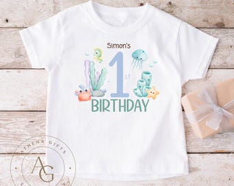 Personalisierte Meer Leben Geburtstag T-Shirt, unter dem Meer Thema, Kinder Geschenk, Kleinkind Jungen Geburtstag T-Shirt, kundenspezifisches Geburtstags-Andenken T-Shirt