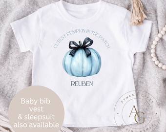 Camiseta personalizada de Halloween con la calabaza más linda del huerto, bonito regalo de Halloween, regalo para niños, camiseta para niños pequeños, Halloween 2025, azul
