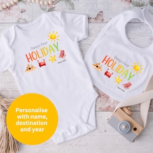 Personalised first holiday baby bodysuit, My 1st holiday bib, baby gift, unisex, baby vest, personalised 1st holiday bib, cute baby holiday