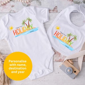 Personalised first holiday baby bodysuit, My 1st holiday bib, baby gift, unisex, baby vest, personalised 1st holiday bib, cute baby holiday