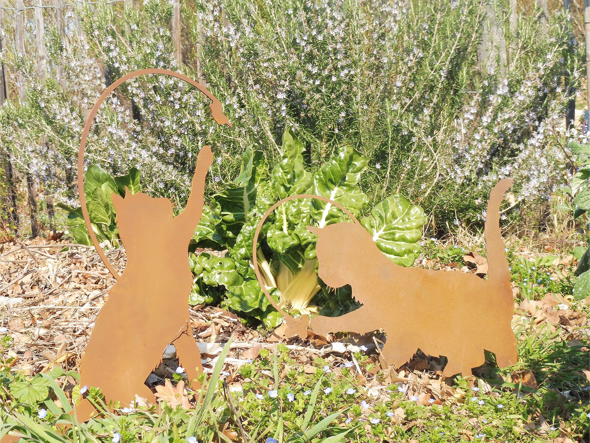 Duo Sculpture Chat Papillon Rouillé Rustique Décoration Cadeau Jardin Rusty Cat Butterfly Standing G