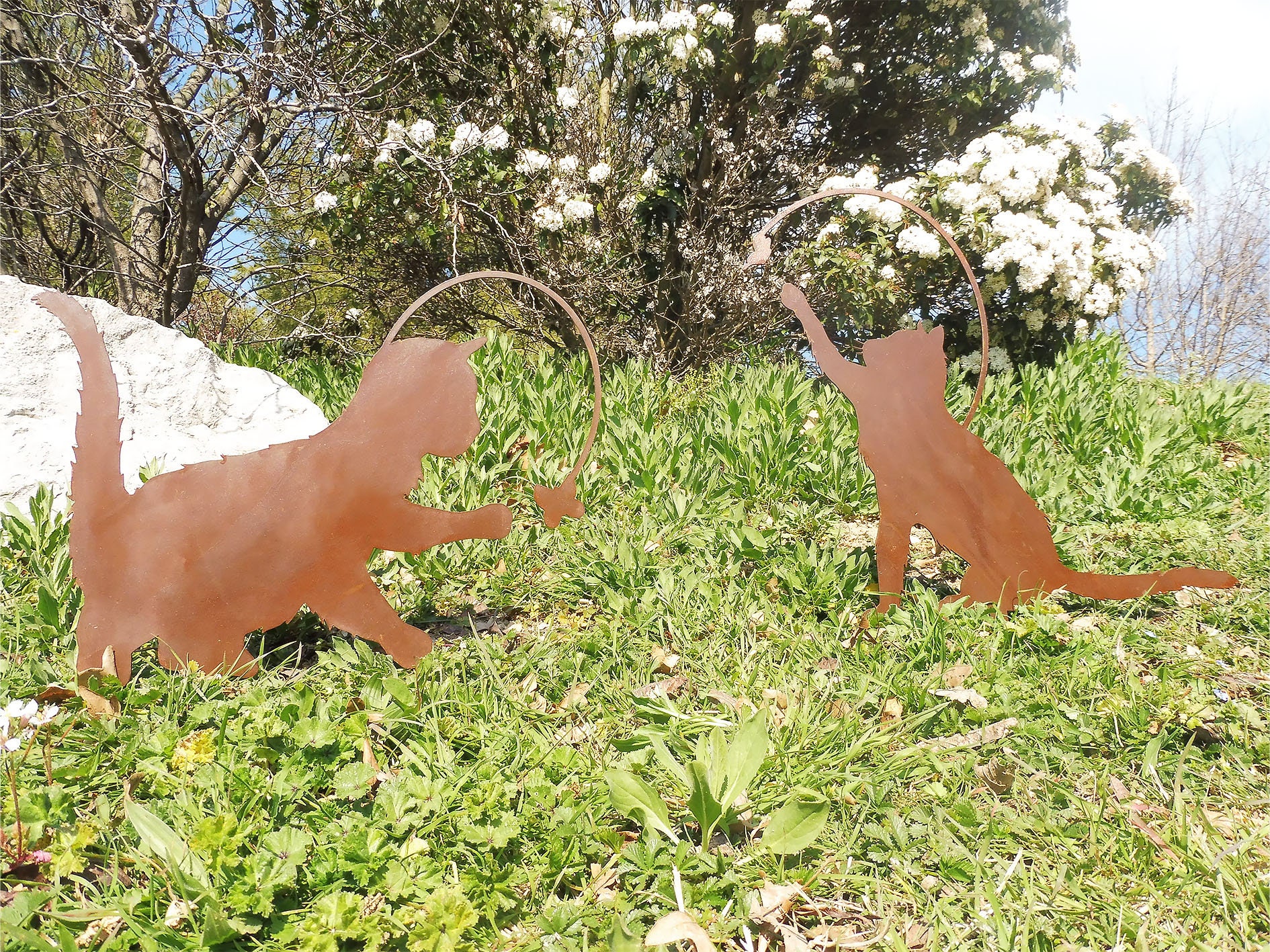 Duo Sculpture Chat Papillon Rouillé Satiné Décoration Cadeau Jardin Rusty Cat Butterfly Standing Gar