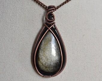 Gold Sheen Obsidian 'Galaxy' Pendant - Handmade Wire Wrapped Necklace