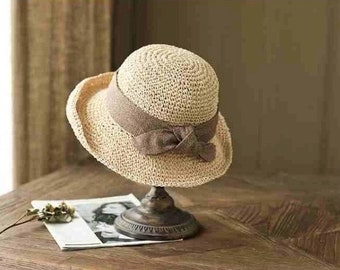 Shining/Handmade Plaited Straw Hat/Woman Sun Hat/Unique Fashion Bow Beach Cap/Crimping Lady Summer Hat/Gift For Her