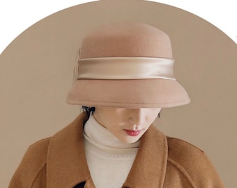 Shining/French Vintage Wool Felt Bucket Hat/Satin Bow Decoration/Woman Winter Hat