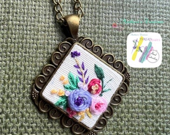 Hand Embroidered Floral Necklace: Bronze Pendant, Antique Style