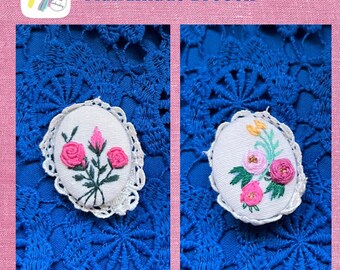 Handmade Floral Embroidered Brooch Set: Oval Pin Brooches