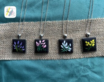 Hand Embroidered Floral Necklace: Antique Silver Vintage Pendant