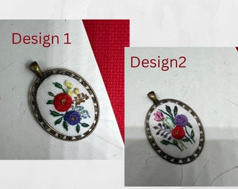 Hand Embroidered Floral Pendant Necklace: Bronze Oval Setting, 18" Chain