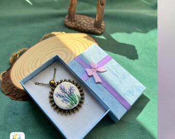Handmade Lavender Embroidery Pendant: Antique Bronze Floral Necklace