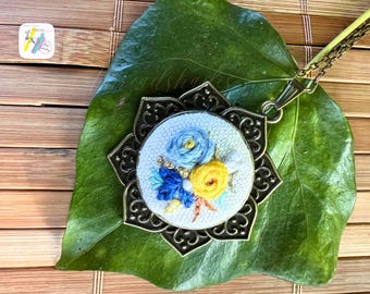 Embroidered Rose Necklace: Antique Bronze Floral Pendant