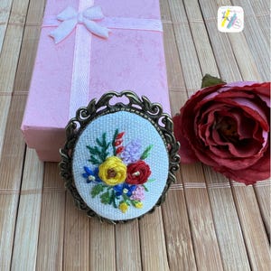 Hand Embroidered Floral Brooch: Antique Bronze Vintage Style Pin