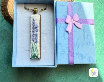 Embroidery necklace, Antique look, small and long rectangle pendant, lavender embroidery, bronze setting, handmade gift , vintage design