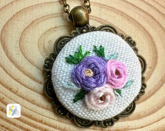 Hand Embroidered Rose Pendant: Antique Bronze Floral Necklace