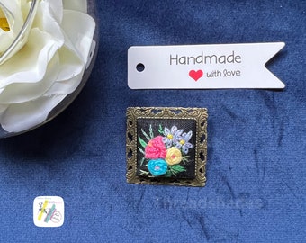 Hand Embroidered Floral Brooch Pendant: Antique Bronze, DMC Threads