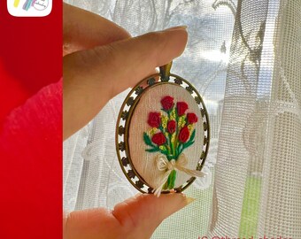 Handmade Embroidered Rose Bouquet Pendant: Antique Gold Necklace