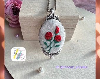 Handmade Embroidered Pendant: Red Rose Floral Design, Antique Silver