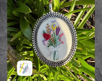 Hand Embroidered Floral Pendant Necklace: Oxidized Silver, Handmade Jewelry