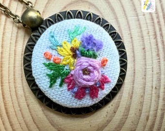 Hand Embroidered Floral Pendant: Antique Bronze Rose Necklace