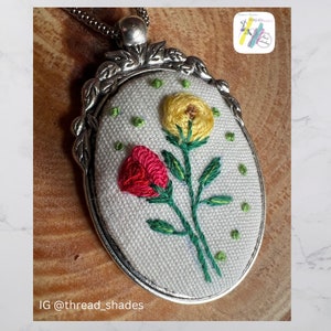 Rose embroidery pendant, hand embroidered, handmade necklace, yellow and red rose, antique silver look, DMC threads, oval pendant,