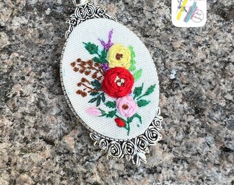 Hand Embroidered Pendant Necklace: Antique Silver Rose Floral Jewelry