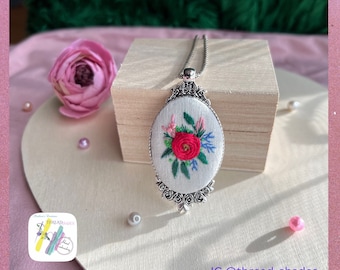 Handmade Rose Embroidery Pendant Necklace: Floral Jewelry Gift