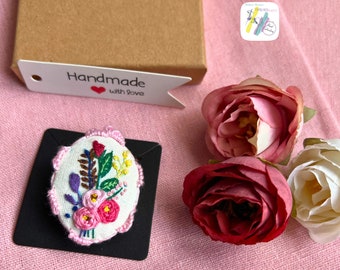 Handmade Floral Embroidered Brooch: Oval Needlework Pin