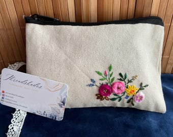 Hand Embroidered Floral Canvas Pouch: Cosmetic Bag