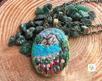 Handmade Embroidered Pendant: Landscape Scenery Necklace