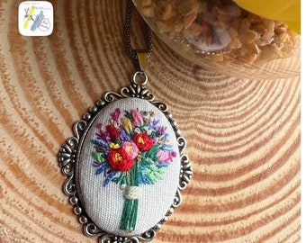 Handmade Embroidered Floral Pendant Necklace: Antique Silver Oval